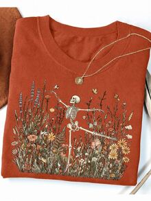 Resyla Women's Skull Print Crew Neck Short Sleeve Casual T-Shirt - Orange - View 1