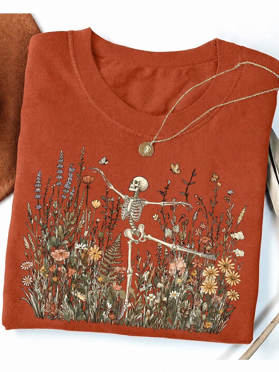 Resyla Women's Skull Print Crew Neck Short Sleeve Casual T-Shirt - Orange - View 1