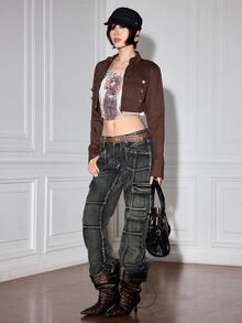 ROMWE Y2K Napoleon Vintage Bronze Button Ultra Cropped Women's Jacket - Brown - View 8