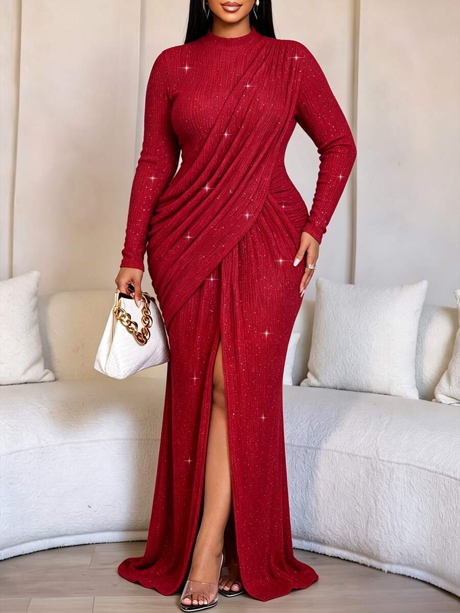 SOLERSUN Plus Size Women's Elegant Long Dress, Textured Powder‑Sprinkled Fabric, Long Sleeve, Asymmetrical Pleated Fitted Gown For Party, Dinner & Christmas - Red - View 1