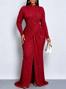 SOLERSUN Plus Size Women's Elegant Long Dress, Textured Powder‑Sprinkled Fabric, Long Sleeve, Asymmetrical Pleated Fitted Gown For Party, Dinner & Christmas - Red - View 4