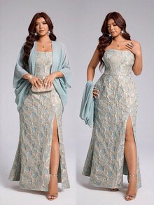 Viva Relle Plus Size Women's Gold Embroidered Strapless Slit Dress And Loose Shawl Top Fall - Baby Blue - View 2