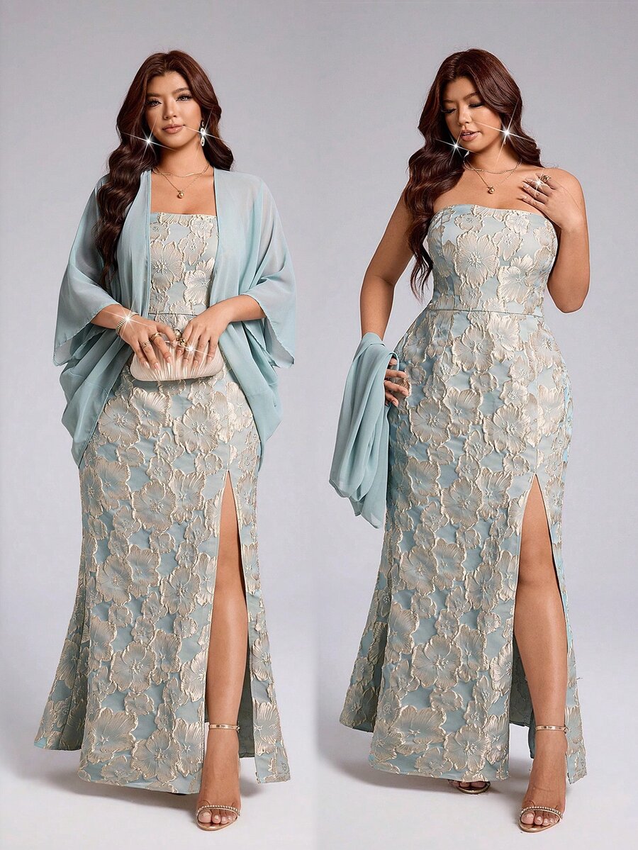 Viva Relle Plus Size Women's Gold Embroidered Strapless Slit Dress And Loose Shawl Top Fall
