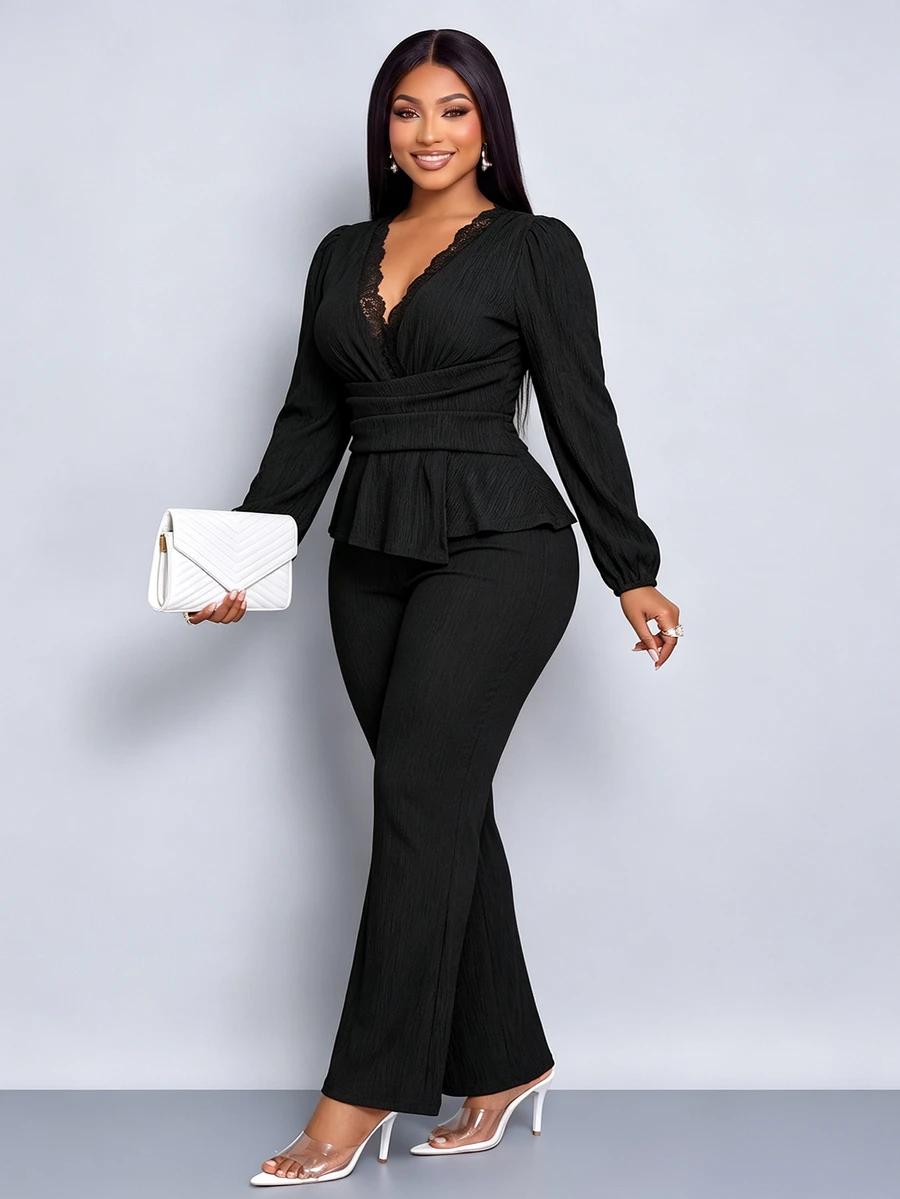 SOLERSUN Plus Size Women Deep V-Neck Lace Trim Cinched Waist Lantern Sleeve Blouse And Long Pants 2 Pieces Set, Suitable For Daily Commute And Dating Fall - Black - View 1
