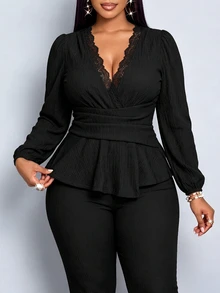 SOLERSUN Plus Size Women Deep V-Neck Lace Trim Cinched Waist Lantern Sleeve Blouse And Long Pants 2 Pieces Set, Suitable For Daily Commute And Dating Fall - Black - View 2