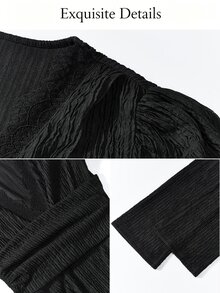 SOLERSUN Plus Size Women Deep V-Neck Lace Trim Cinched Waist Lantern Sleeve Blouse And Long Pants 2 Pieces Set, Suitable For Daily Commute And Dating Fall - Black - View 8