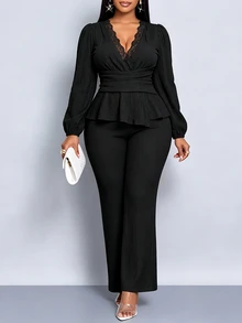 SOLERSUN Plus Size Women Deep V-Neck Lace Trim Cinched Waist Lantern Sleeve Blouse And Long Pants 2 Pieces Set, Suitable For Daily Commute And Dating Fall - Black - View 7
