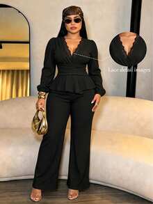 SOLERSUN Plus Size Women Deep V-Neck Lace Trim Cinched Waist Lantern Sleeve Blouse And Long Pants 2 Pieces Set, Suitable For Daily Commute And Dating Fall - Black - View 3