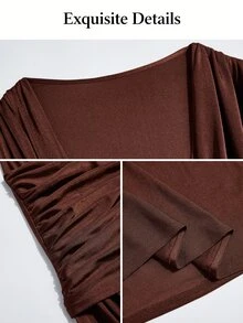 SOLERSUN Plus Size Deep V-Neck Long Sleeve Ruched Ribbon Trim Fitted Mermaid Dress Fall - Coffee Brown - View 7