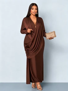 SOLERSUN Plus Size Deep V-Neck Long Sleeve Ruched Ribbon Trim Fitted Mermaid Dress Fall - Coffee Brown - View 4