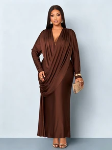 SOLERSUN Plus Size Deep V-Neck Long Sleeve Ruched Ribbon Trim Fitted Mermaid Dress Fall - Coffee Brown - View 5