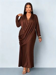 SOLERSUN Plus Size Deep V-Neck Long Sleeve Ruched Ribbon Trim Fitted Mermaid Dress Fall - Coffee Brown - View 2