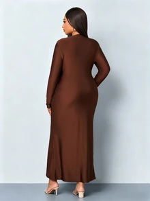 SOLERSUN Plus Size Deep V-Neck Long Sleeve Ruched Ribbon Trim Fitted Mermaid Dress Fall - Coffee Brown - View 6
