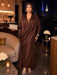 SOLERSUN Plus Size Deep V-Neck Long Sleeve Ruched Ribbon Trim Fitted Mermaid Dress Fall - Coffee Brown - View 3