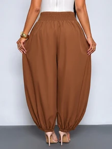 SOLERSUN Damen-Harem-Hose in Große Größen mit hohem Bund und Kordelzug, schokoladenbraune seidige lockere Jogger mit elastischen Bündchen, modische einfarbige lässige Streetwear-Loungewear-Hose, minimalistisch und hochwertig, geeignet für den Alltag, amerikanischer Retro-Streetstyle, sportlich-lässig, vielseitig für den täglichen Arbeitsweg, bequem und leicht, Herbst-/Winter-Essential - Kaffeebraun - Übersicht 4