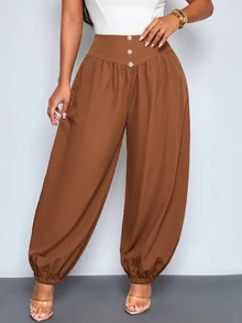 SOLERSUN Damen-Harem-Hose in Große Größen mit hohem Bund und Kordelzug, schokoladenbraune seidige lockere Jogger mit elastischen Bündchen, modische einfarbige lässige Streetwear-Loungewear-Hose, minimalistisch und hochwertig, geeignet für den Alltag, amerikanischer Retro-Streetstyle, sportlich-lässig, vielseitig für den täglichen Arbeitsweg, bequem und leicht, Herbst-/Winter-Essential - Kaffeebraun - Übersicht 2