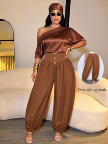 SOLERSUN Damen-Harem-Hose in Große Größen mit hohem Bund und Kordelzug, schokoladenbraune seidige lockere Jogger mit elastischen Bündchen, modische einfarbige lässige Streetwear-Loungewear-Hose, minimalistisch und hochwertig, geeignet für den Alltag, amerikanischer Retro-Streetstyle, sportlich-lässig, vielseitig für den täglichen Arbeitsweg, bequem und leicht, Herbst-/Winter-Essential - Kaffeebraun - Übersicht 3