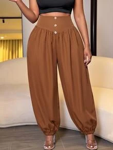 SOLERSUN Damen-Harem-Hose in Große Größen mit hohem Bund und Kordelzug, schokoladenbraune seidige lockere Jogger mit elastischen Bündchen, modische einfarbige lässige Streetwear-Loungewear-Hose, minimalistisch und hochwertig, geeignet für den Alltag, amerikanischer Retro-Streetstyle, sportlich-lässig, vielseitig für den täglichen Arbeitsweg, bequem und leicht, Herbst-/Winter-Essential - Kaffeebraun - Übersicht 1