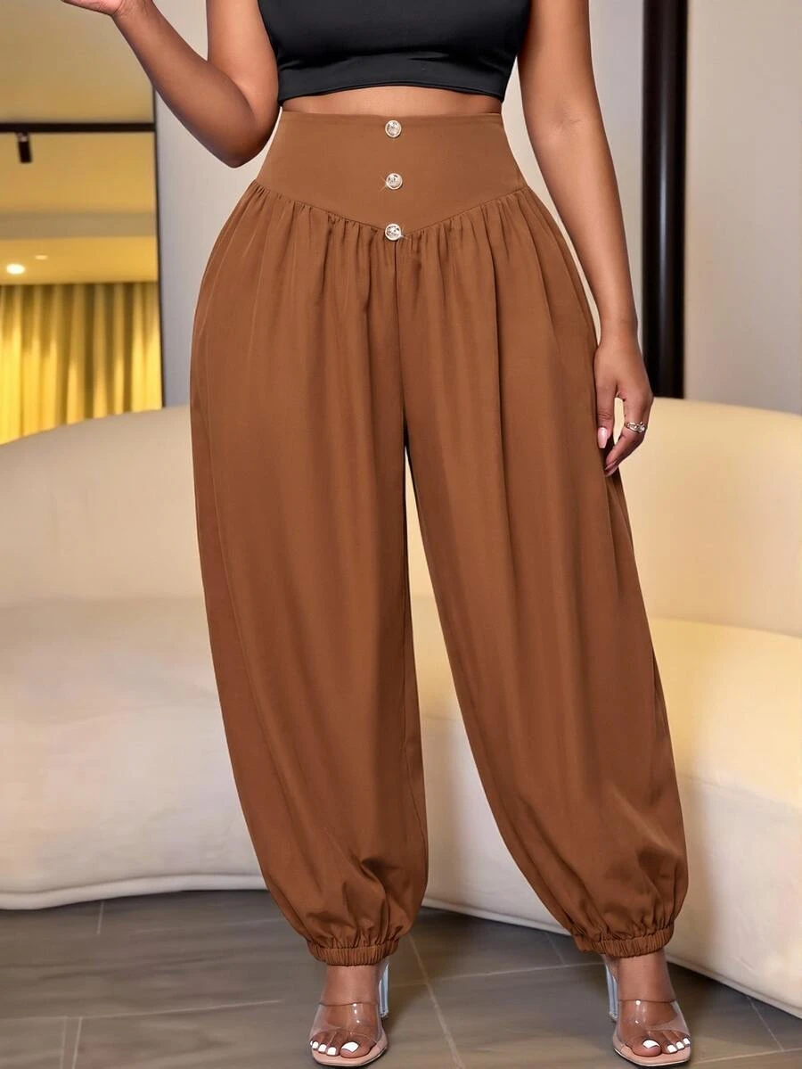 SOLERSUN Damen-Harem-Hose in Große Größen mit hohem Bund und Kordelzug, schokoladenbraune seidige lockere Jogger mit elastischen Bündchen, modische einfarbige lässige Streetwear-Loungewear-Hose, minimalistisch und hochwertig, geeignet für den Alltag, amerikanischer Retro-Streetstyle, sportlich-lässig, vielseitig für den täglichen Arbeitsweg, bequem und leicht, Herbst-/Winter-Essential - Kaffeebraun - Übersicht 1