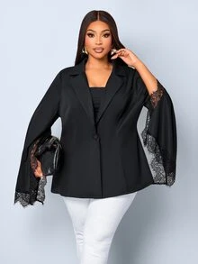 SOLERSUN Women's Plus Size Elegant Contrast Lace Bell Sleeve Blazer, Classic Notch Lapel Single Button Slim Fit, Side Slit Sheer Eyelash Contrast Lace Long Sleeve, Flared Cuff Soft Atmosphere, Versatile For Commute And Date, Slimming Short Blazer Top, Spring Autumn Minimalist Solid Color Elegant Cardigan - Black - View 2
