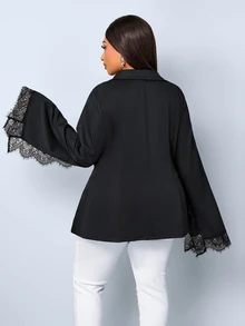 SOLERSUN Women's Plus Size Elegant Contrast Lace Bell Sleeve Blazer, Classic Notch Lapel Single Button Slim Fit, Side Slit Sheer Eyelash Contrast Lace Long Sleeve, Flared Cuff Soft Atmosphere, Versatile For Commute And Date, Slimming Short Blazer Top, Spring Autumn Minimalist Solid Color Elegant Cardigan - Black - View 5