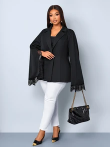 SOLERSUN Women's Plus Size Elegant Contrast Lace Bell Sleeve Blazer, Classic Notch Lapel Single Button Slim Fit, Side Slit Sheer Eyelash Contrast Lace Long Sleeve, Flared Cuff Soft Atmosphere, Versatile For Commute And Date, Slimming Short Blazer Top, Spring Autumn Minimalist Solid Color Elegant Cardigan - Black - View 6