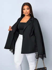 SOLERSUN Women's Plus Size Elegant Contrast Lace Bell Sleeve Blazer, Classic Notch Lapel Single Button Slim Fit, Side Slit Sheer Eyelash Contrast Lace Long Sleeve, Flared Cuff Soft Atmosphere, Versatile For Commute And Date, Slimming Short Blazer Top, Spring Autumn Minimalist Solid Color Elegant Cardigan - Black - View 4