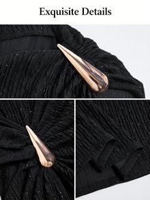 SOLERSUN Plus Size Asymmetrical Neckline, Sequined Textured Fabric, Metal Buckle Decor And Slit Long Dress - Black - View 7