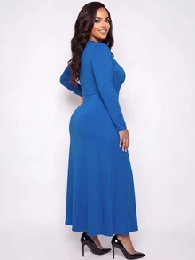 Poshavie Poshavie Plus Size Surplice V-Neck Long Sleeve Dress, Solid Color Side Ruched Metal Buckle Elegant Party Dress - Royal Blue - View 3