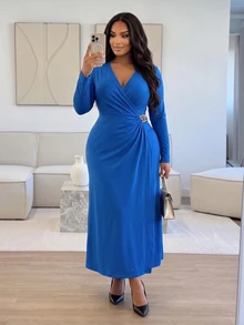 Poshavie Poshavie Plus Size Surplice V-Neck Long Sleeve Dress, Solid Color Side Ruched Metal Buckle Elegant Party Dress - Royal Blue - View 4