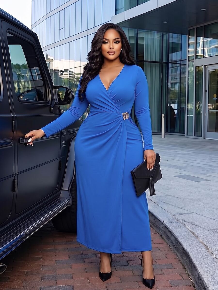 Poshavie Poshavie Plus Size Surplice V-Neck Long Sleeve Dress, Solid Color Side Ruched Metal Buckle Elegant Party Dress - Royal Blue - View 1