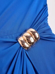 Poshavie Poshavie Plus Size Surplice V-Neck Long Sleeve Dress, Solid Color Side Ruched Metal Buckle Elegant Party Dress - Royal Blue - View 8