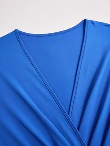 Poshavie Poshavie Plus Size Surplice V-Neck Long Sleeve Dress, Solid Color Side Ruched Metal Buckle Elegant Party Dress - Royal Blue - View 7