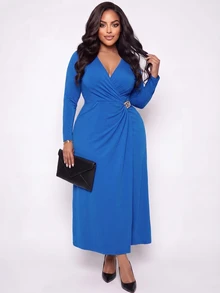 Poshavie Poshavie Plus Size Surplice V-Neck Long Sleeve Dress, Solid Color Side Ruched Metal Buckle Elegant Party Dress - Royal Blue - View 6
