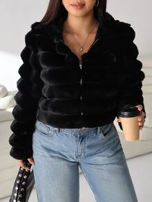 Solflare Plus Size Women's Autumn/Winter Black Faux Fur Coat - Black - View 3