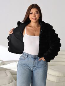 Solflare Plus Size Women's Autumn/Winter Black Faux Fur Coat - Black - View 7