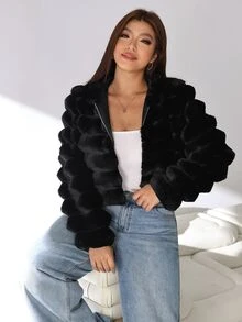 Solflare Plus Size Women's Autumn/Winter Black Faux Fur Coat - Black - View 5