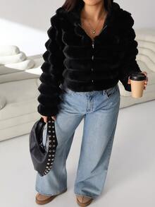 Solflare Plus Size Women's Autumn/Winter Black Faux Fur Coat - Black - View 6