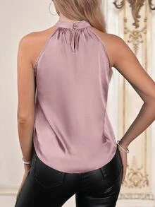 SHEIN Clasi Solid Satin Halter Blouse - Dusty Pink - View 2