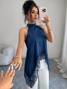 Elenzga 女士蕾丝拼接露背休闲百搭日常衬衫 - 藍色 - 查看 4