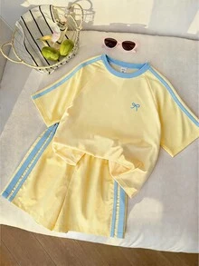SHEIN 青少年女孩圓領撞色蝴蝶結印花短袖T恤與短褲休閒日常套裝 - 黃色 - 查看 4