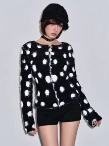 ROMWE Autumn/Winter Y2K Punk Sexy Polka Dot Hollow-Out Design Women's Cardigan - Black - View 1