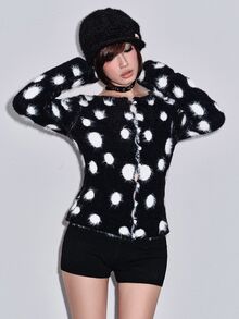 ROMWE Autumn/Winter Y2K Punk Sexy Polka Dot Hollow-Out Design Women's Cardigan - Black - View 5