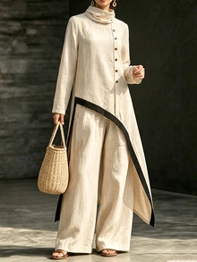 LUMIGAL Women's Colorblock Pleated Long Sleeve Top And Pants Casual Daily 2 Pieces Set - Apricot - View 5