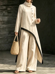 LUMIGAL Women's Colorblock Pleated Long Sleeve Top And Pants Casual Daily 2 Pieces Set - Apricot - View 3