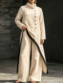 LUMIGAL Women's Colorblock Pleated Long Sleeve Top And Pants Casual Daily 2 Pieces Set - Apricot - View 1