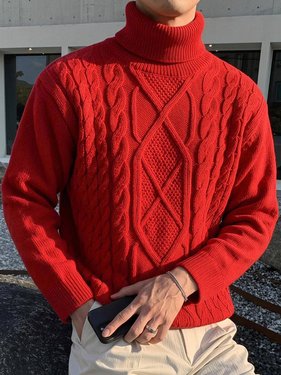 HIMLAND Men's Solid Color Turtleneck Casual Versatile Daily Wear Long Sleeve Sweater, Vintage Cable Knit Oversized Sweater - Red - View 1