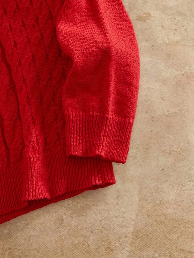 HIMLAND Men's Solid Color Turtleneck Casual Versatile Daily Wear Long Sleeve Sweater, Vintage Cable Knit Oversized Sweater - Red - View 4