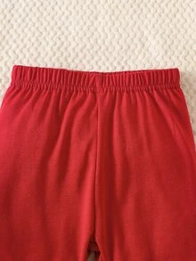 SHEIN 3件組嬰兒女寶寶新生兒可愛櫻桃波點蝴蝶結荷葉邊長袖上衣與內搭褲套裝，紅色秋季校園拍照穿搭 - 紅色 - 查看 6