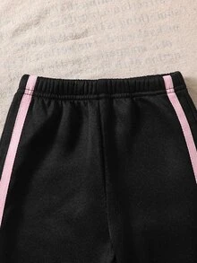 Souflis Souflis 2件組女嬰春秋款黑粉甜美休閒風蝴蝶結印花側邊緞帶3D蝴蝶結裝飾長袖衛衣與直筒褲套裝，寬鬆版型，適合日常穿著、戶外玩耍、小型派對、家庭聚會、短途旅行 - 黑色 - 查看 6